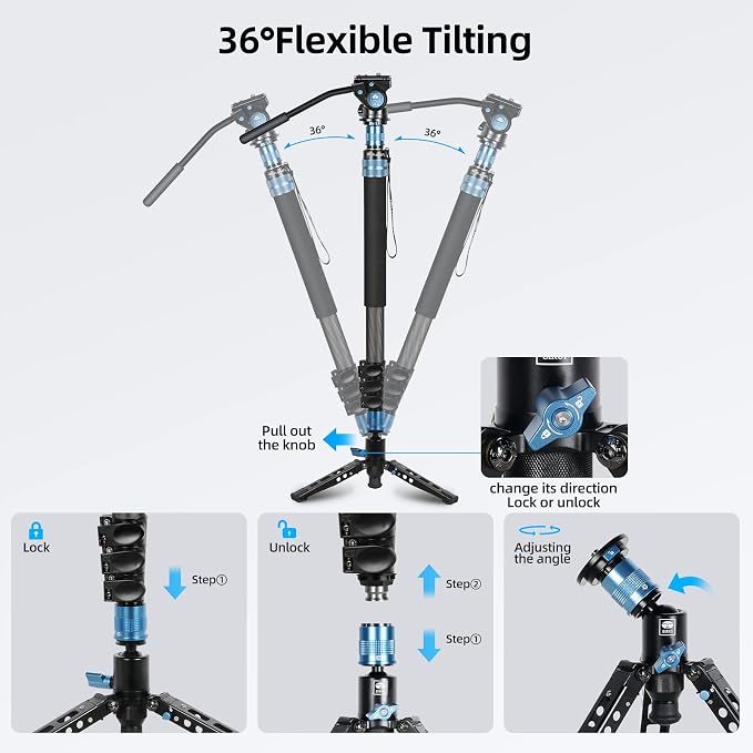 SIRUI P-424FL Carbon Fiber Camera Monopod Kit, Tripod Base, Flip Locks