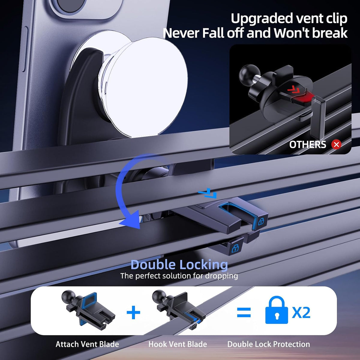 Socket Car Mount for Dashboard Air Vent Windshield,Car Phone Holder for Socket Grip with 2 Mounts,3 in 1 Stable Air Vent Clip Powerful Suction Cup Phone Holder Fit for All Car