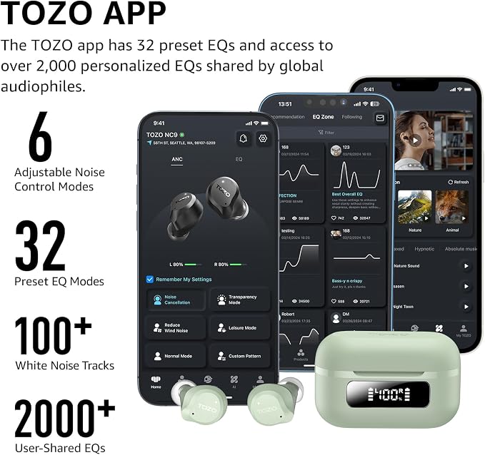 TOZO NC9 Hybrid Active Noise Cancelling Wireless Earbuds, 60H, LED Display | 6 Mic ENC Clear Calls, Deep Bass Sound, IPX8, in Ear Bluetooth 5.3 Headphones,32 EQs via APP, Comfort Fit Ear Buds, Green