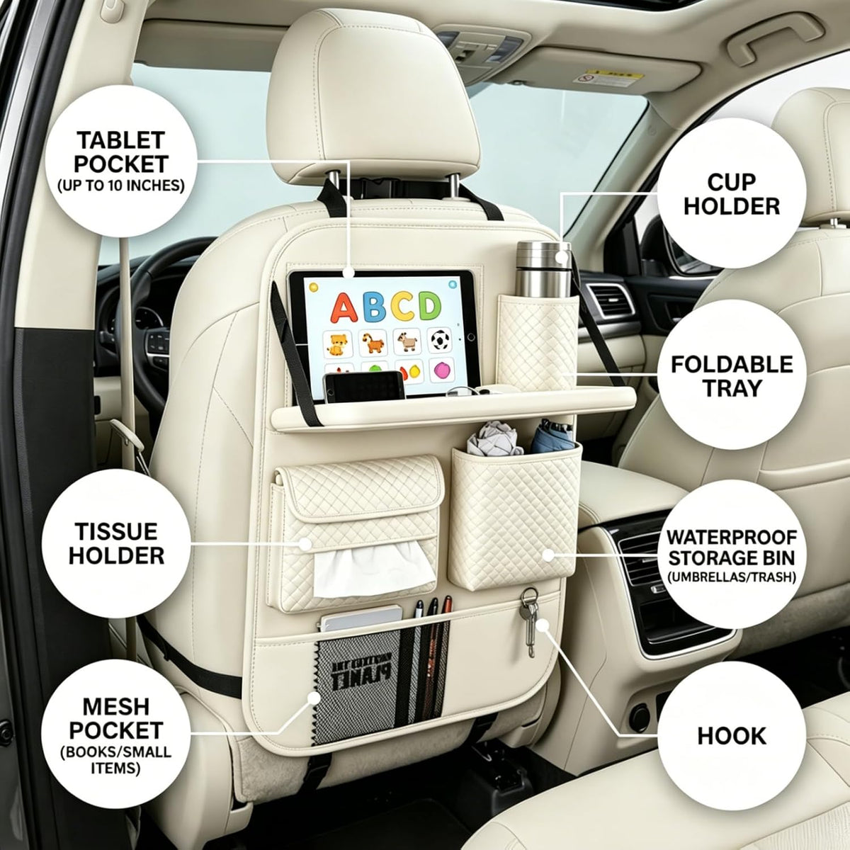 Car Seat Back Organizer with Foldable Tray, Tablet Holder & Pockets
