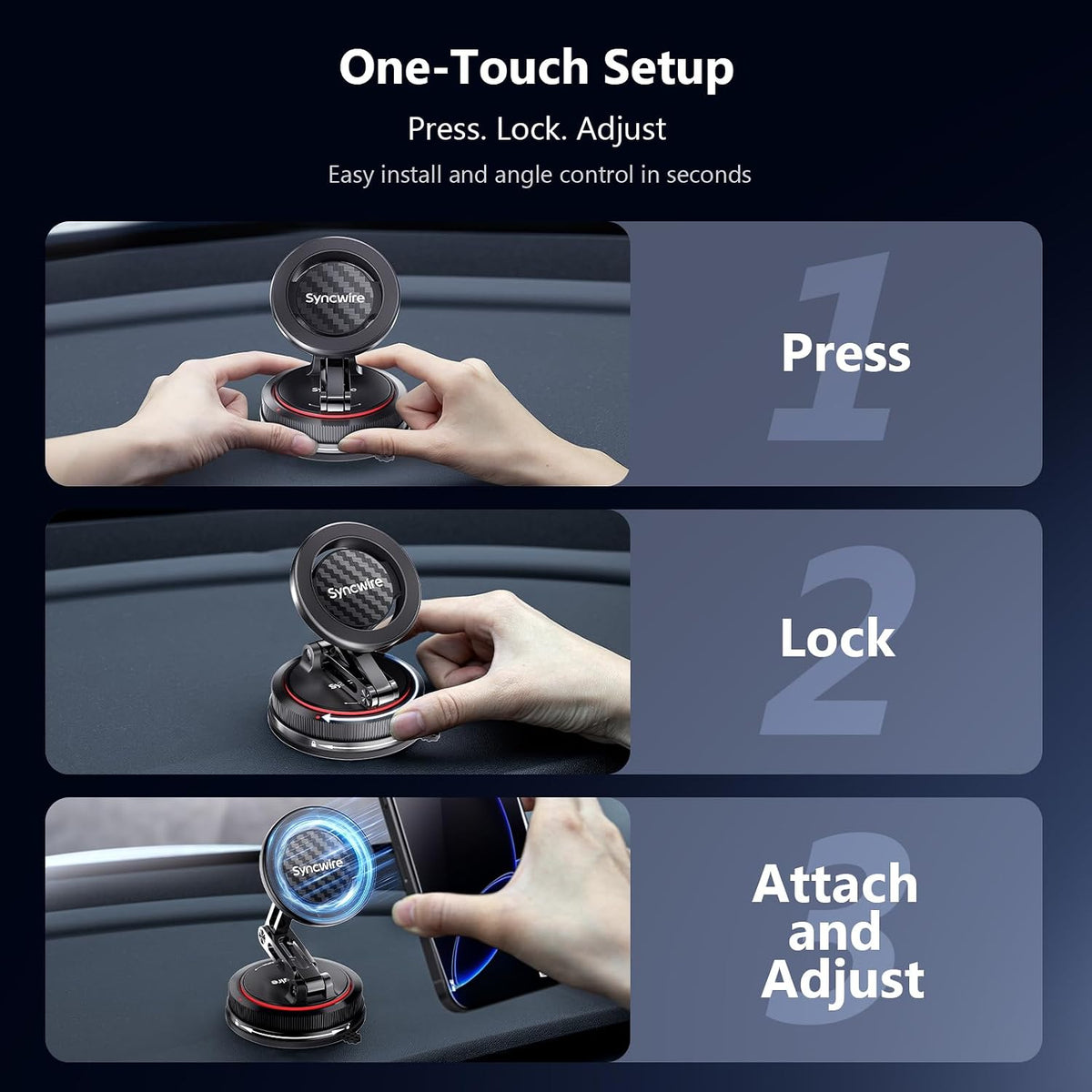 SYNCWIRE for MagSafe Car Mount [3-Axis] Nano Adhesive Gel + Strong Suction Cup Magnetic Phone Holder for Dashboard & Windshield, 360° Adjustable for iPhone 17 16 15 14 13 12, Samsung, Carbon Fiber