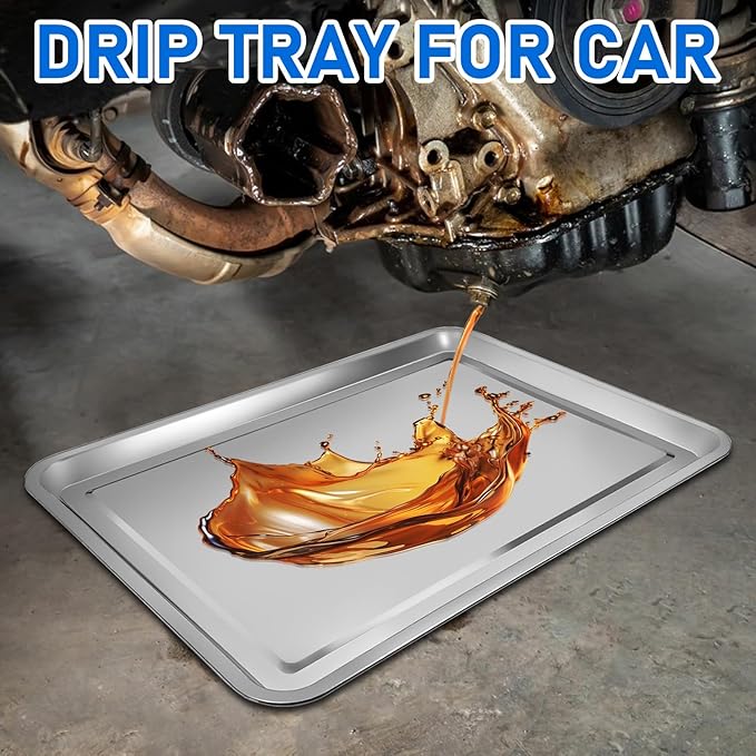 3Pcs Stainless Steel Oil Drip Pan- 27.56 x 19.69 Inch Oil Drip Tray for Under Car Silver Rust Resistant Drip Tray ,Oil Catch Pan Replacement Tray to Keep Garage Floor Show Room Driveway Safe and Clean