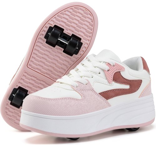 ANEFUN Roller Skate Shoes for Kids Boys Girls Sneakers with Detachable Wheels Sport Shoe White/Pink