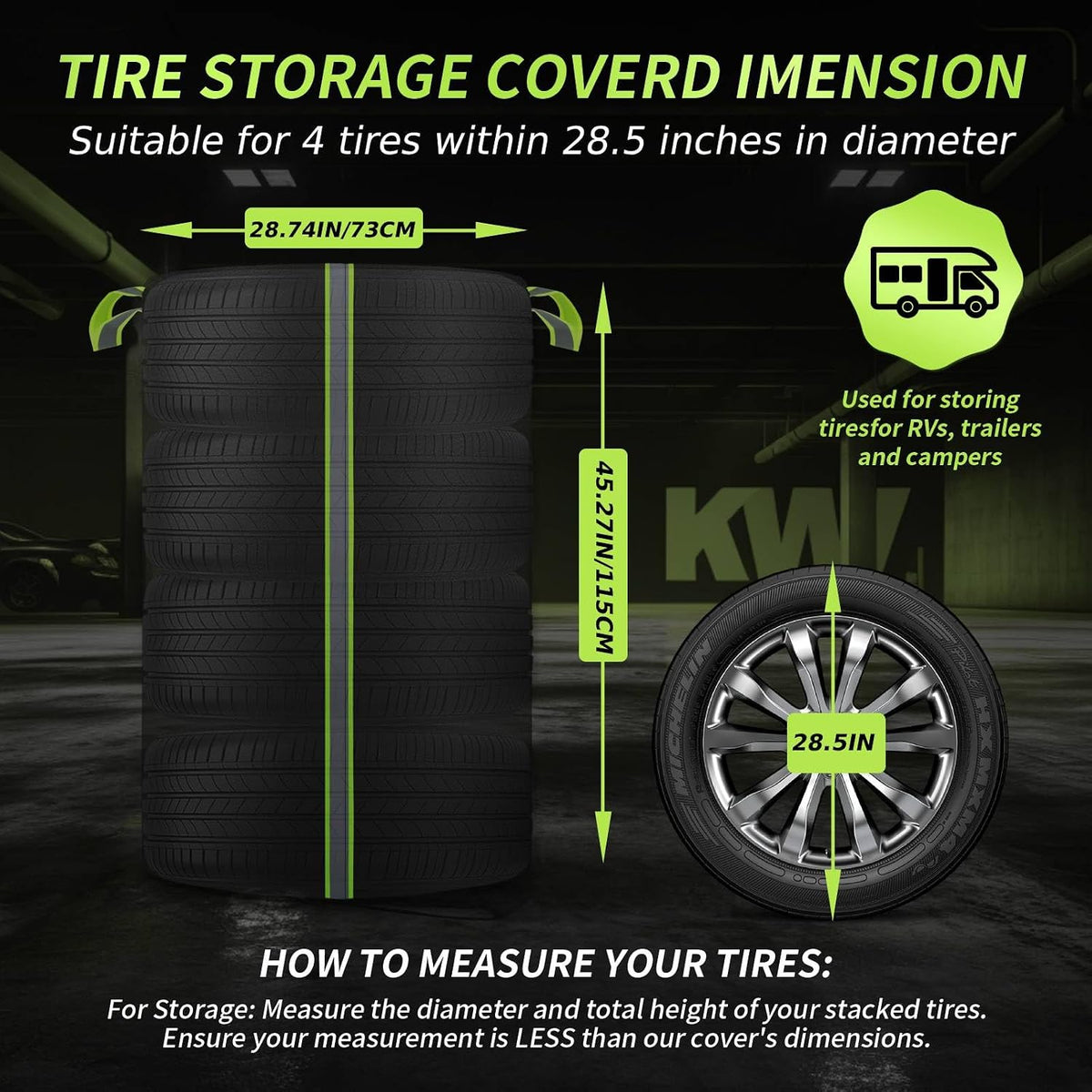 Tire Cover for Storage, 420D Oxford Waterproof Up to 28in Tire Bag with Reflective Handles 4 Felt Pads, Fits 4 Tires Storage Bag W/Zipper & Drawstring Lock for UV Protection, Dirt-Resistant