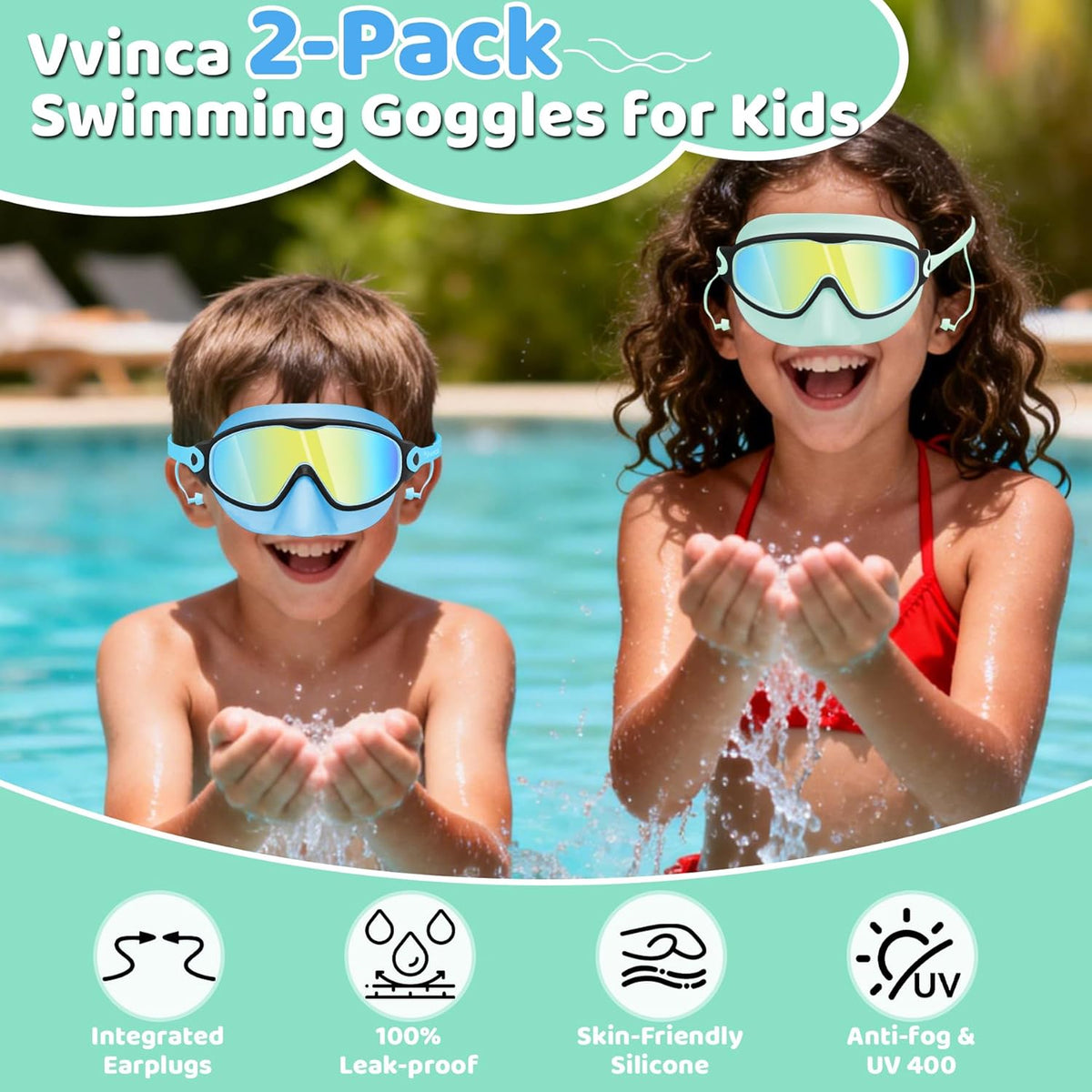 Vvinca Kids Swim Goggles - Anti-Fog Wide View with Nose Cover & Earplugs | For Ages 3-12