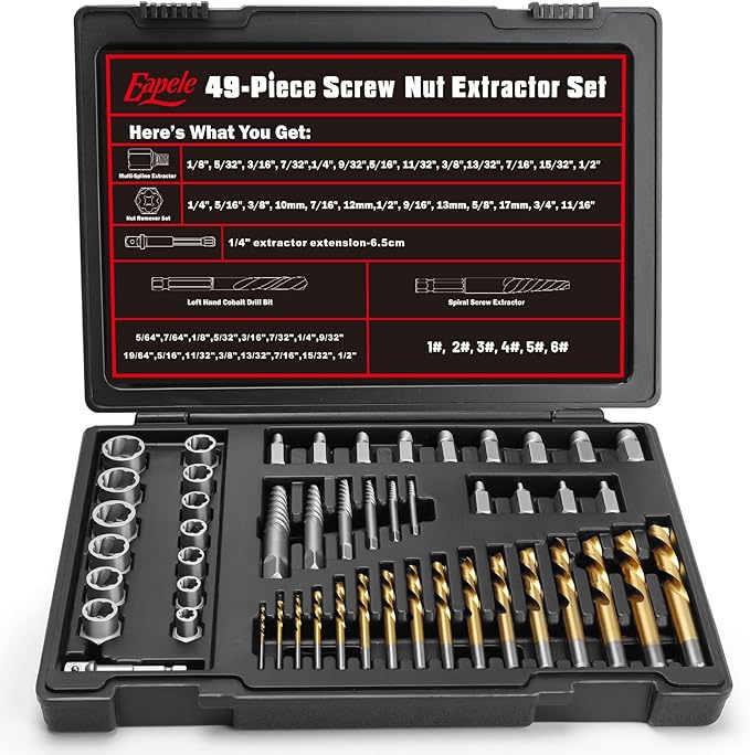 Eapele Bolt Extractor Set, Stripped Nut Remover Twist Sockets, Fit 3/8" Square Drive with Solid Storage Case(49pcs, Black)