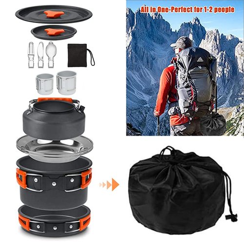 Camping Cooking Set Camp Cookware, Kitchen Pots and Pans Set - Backpacking Equipment Hiking Cooking Set - Portable 300ml + 150ml Water Cup with Handle - Carabiner - Dishcloth - 2 Folding Cutlery