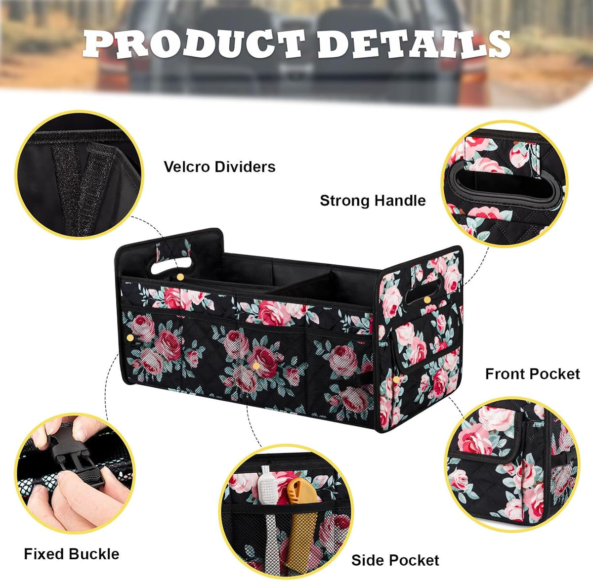 Car Trunk Organizer, Collapsible Car Organizers and Storage Black Floral | Sturdy, Large Capacity, Clean Decor, Multi Compartment Container Box, Adjustable Car Accessories for SUV Sedan Truck