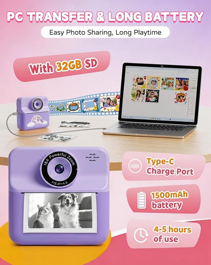 Kids Camera Instant Print with Carrying Case, Digital Selfie Camera with 6