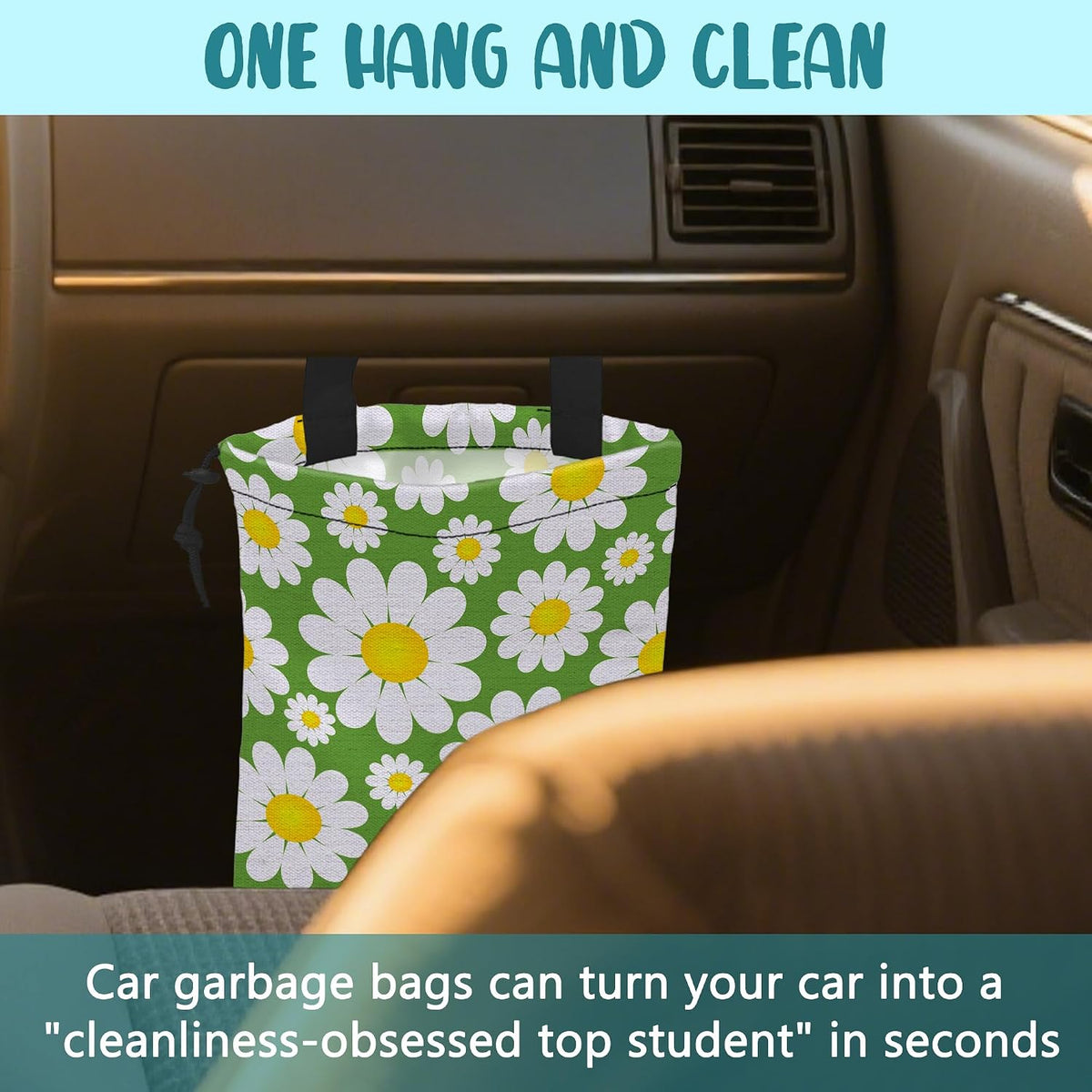 Car Garbage Bag Abstract Daisy Flowers Drawstring Car Trash Bag Hanging for Back Seat with Adjustable Buckle Canvas Vehicle Trash Can Easy-to-Install