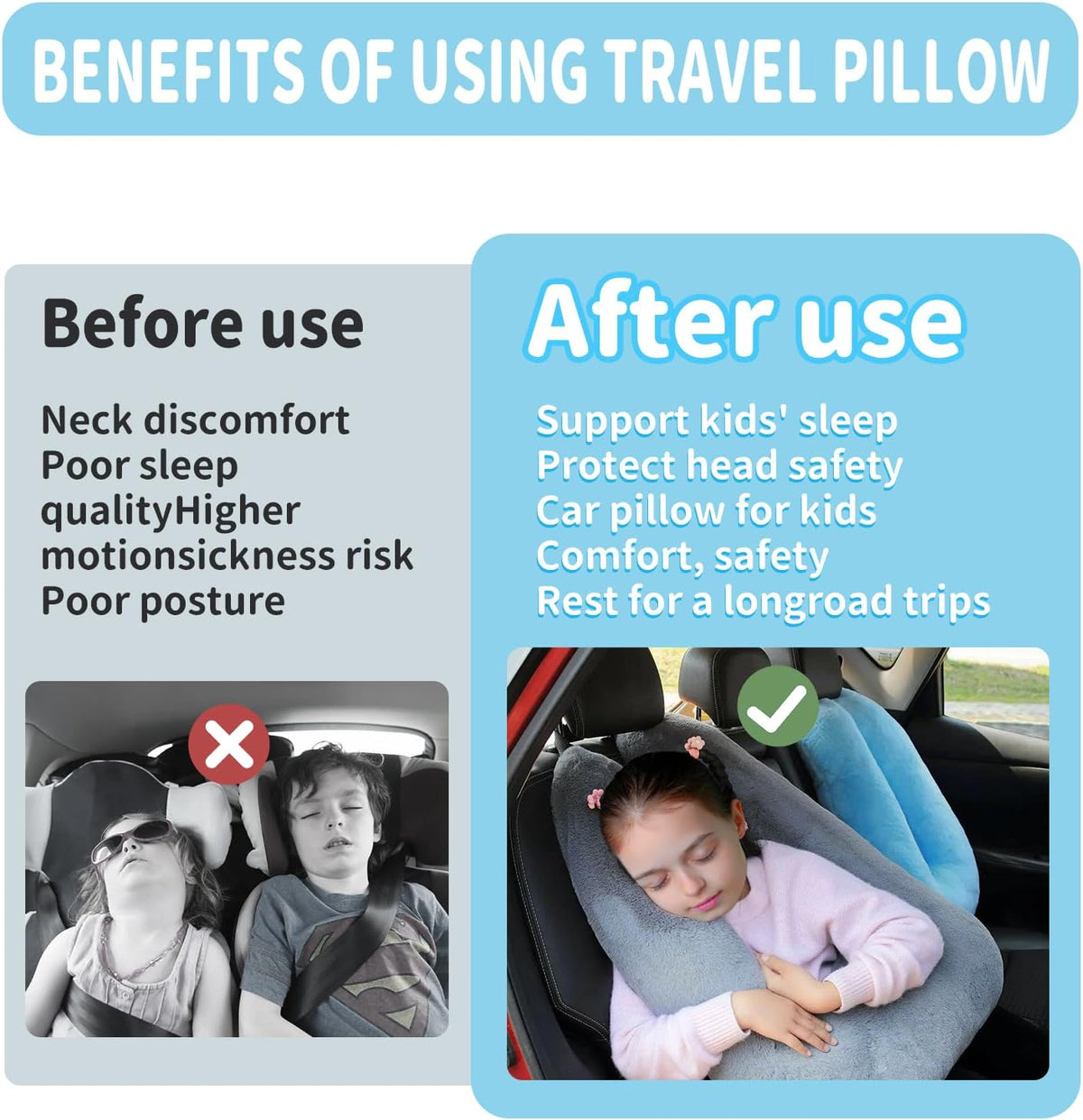Travel Pillow,Car Pillow for Kids,Support Head and Neck on Road Trip-Black | Car Sleeping Pillow with Adjustable Strap, Road Trip Essentials for Kids and Adults,Velvet Fabric Filled with High PP Cotton