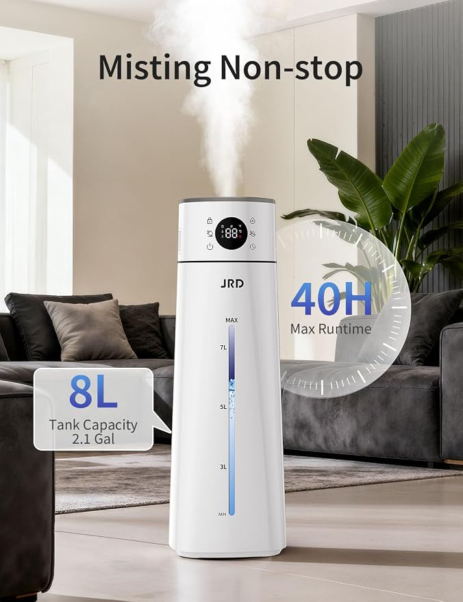 JRD Humidifier Large Room 8L/ 2.1Gal, Ultrasonic Cool Mist for Bedroom, Quiet Humidifier with Remote Control, 10 Mist Modes, 24H Timer, Night Light, AI Mode, 40H Run for Home Office（Grey）