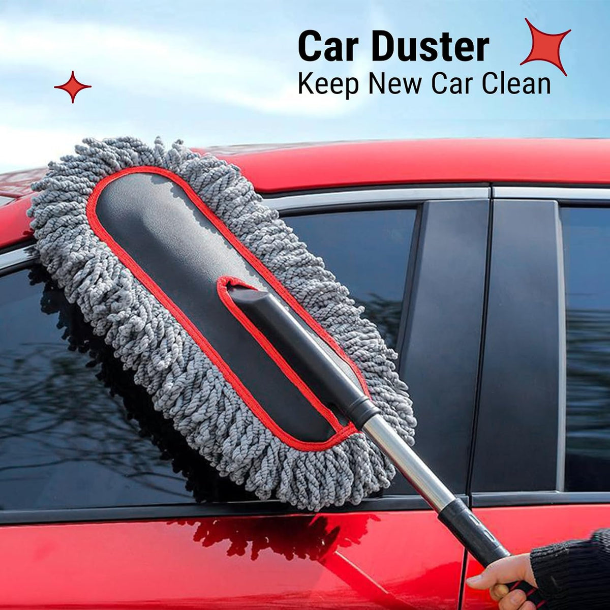 YeewayVeh Car Duster Exterior Scratch Free Microfiber Car Cleaning Brush, Extendable Handle Pollen and Dust Brush for Truck, SUV, Vehicles and Home Cleaning, Gray and Red