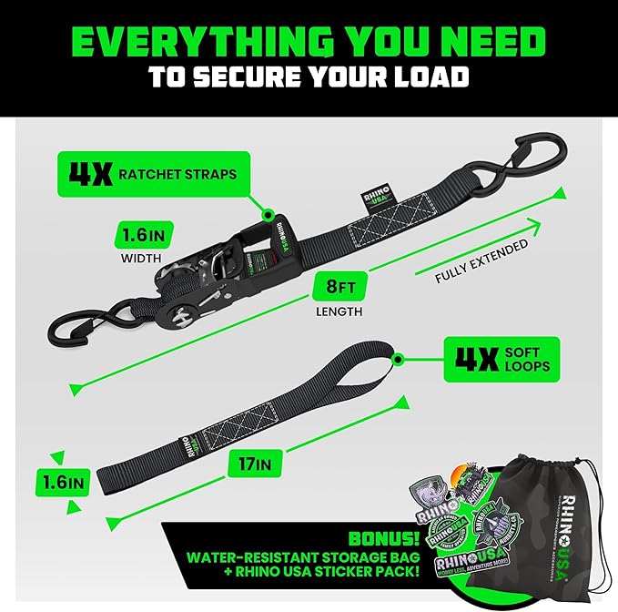 Rhino USA Ratchet Straps Heavy Duty Kit (4-Pack) - 1.6 Inch x 8 Feet Min Break Strength (5,000) - Ultimate Tie Down Straps with Safety S Hooks for Trucks, ATV, UTV, Motorcycle, Cargo & More - Black
