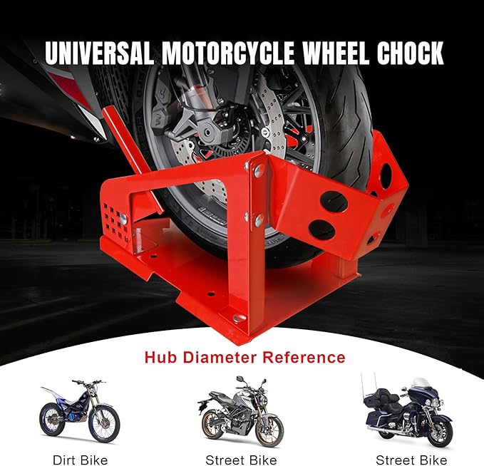 Big RED Motorcycle Wheel Chock, 1800 lbs Capacity Wheel Cradle Holder with 12 Adjustable Holes, for 16"-21" Motorcycles, Dirt Bike