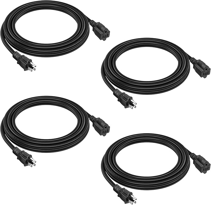 4 Pack 8ft Extension Cord Outdoor Indoor Use 16 AWG Heavy Duty Power Cord 3 Prong SJTW, NEMA 5-15P to NEMA 5-15R, Power Cable for Indoor and Outdoor Extension, ETL Listed