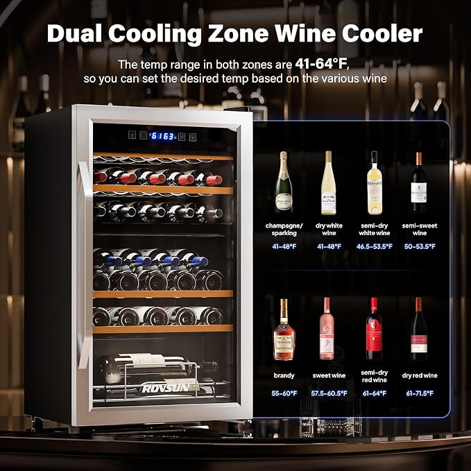 ROVSUN 33 Bottle Wine Fridge, Dual Zone Wine and Beverage Refrigerator with Independent Temp Control & LED Control Panel, Freestanding Wine Cooler Chiller for Red White Wine, Champagne, Beer