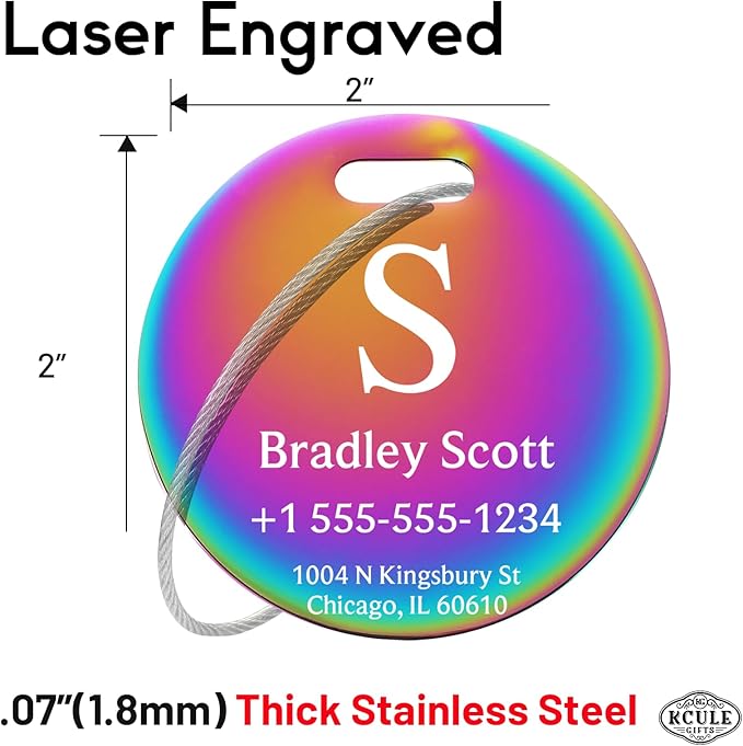 Stainless Luggage Tags for Suitcases 4 Pack: Metal Personalized Luggage Tags for Backpacks & Bags with Customizable Texts (Rainbow)