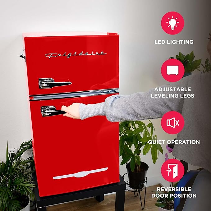 Frigidaire Retro Compact Fridge Freezer Combo, 3.1 cu. ft. Capacity, Small Top Freezer Refrigerator, Mini Fridge with Built-in Bottle Opener – 19”"D x 20.5" W x 33.5" H (Red)
