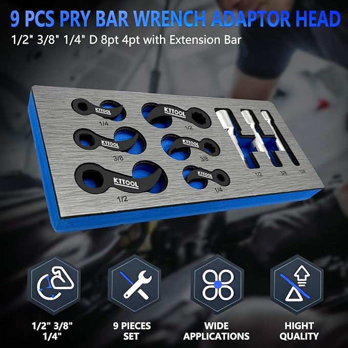 9 Pcs Pry Bar Wrench Adaptor Head Set, Crowbar Adapter Head Tool, Half Shaft Removal Car Repairing Tools 1/2" 3/8" 1/4" D 8pt 4pt (Square) Profile, with Extension Bar