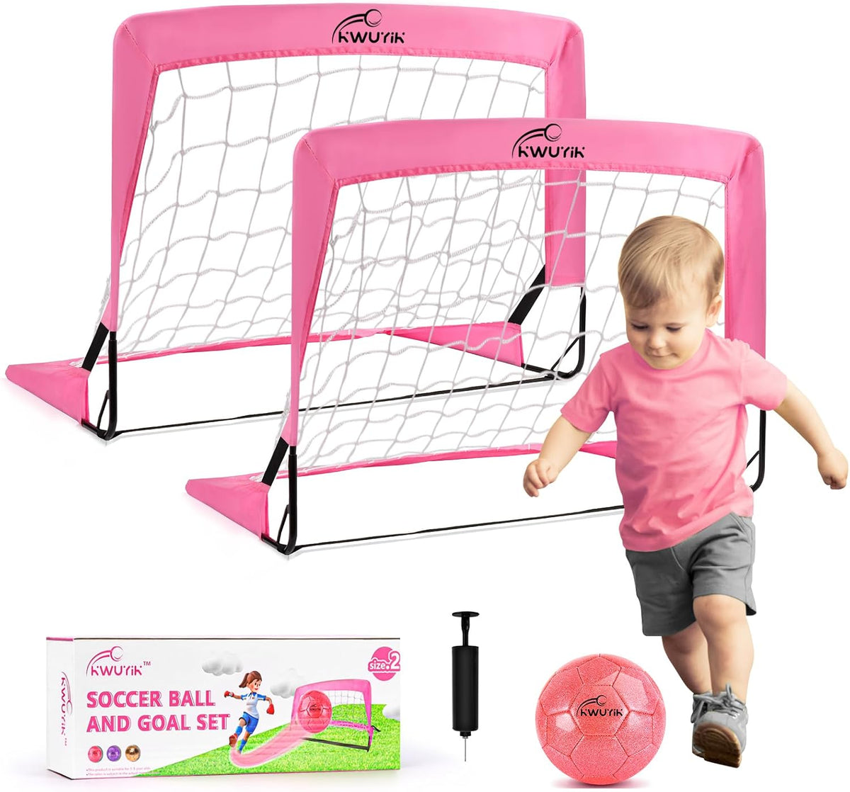 Skiennix 4Pcs Soccer Goals Set - Indoor Soccer Nets with 2 Toddler Balls & Pump - Pink/Purple
