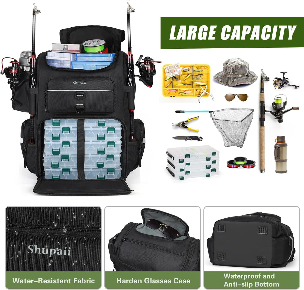 Skiennix Large Fishing Backpack - Waterproof 45L Tackle Bag with Rod Holders | Perfect Fishing Gear Gift for Men