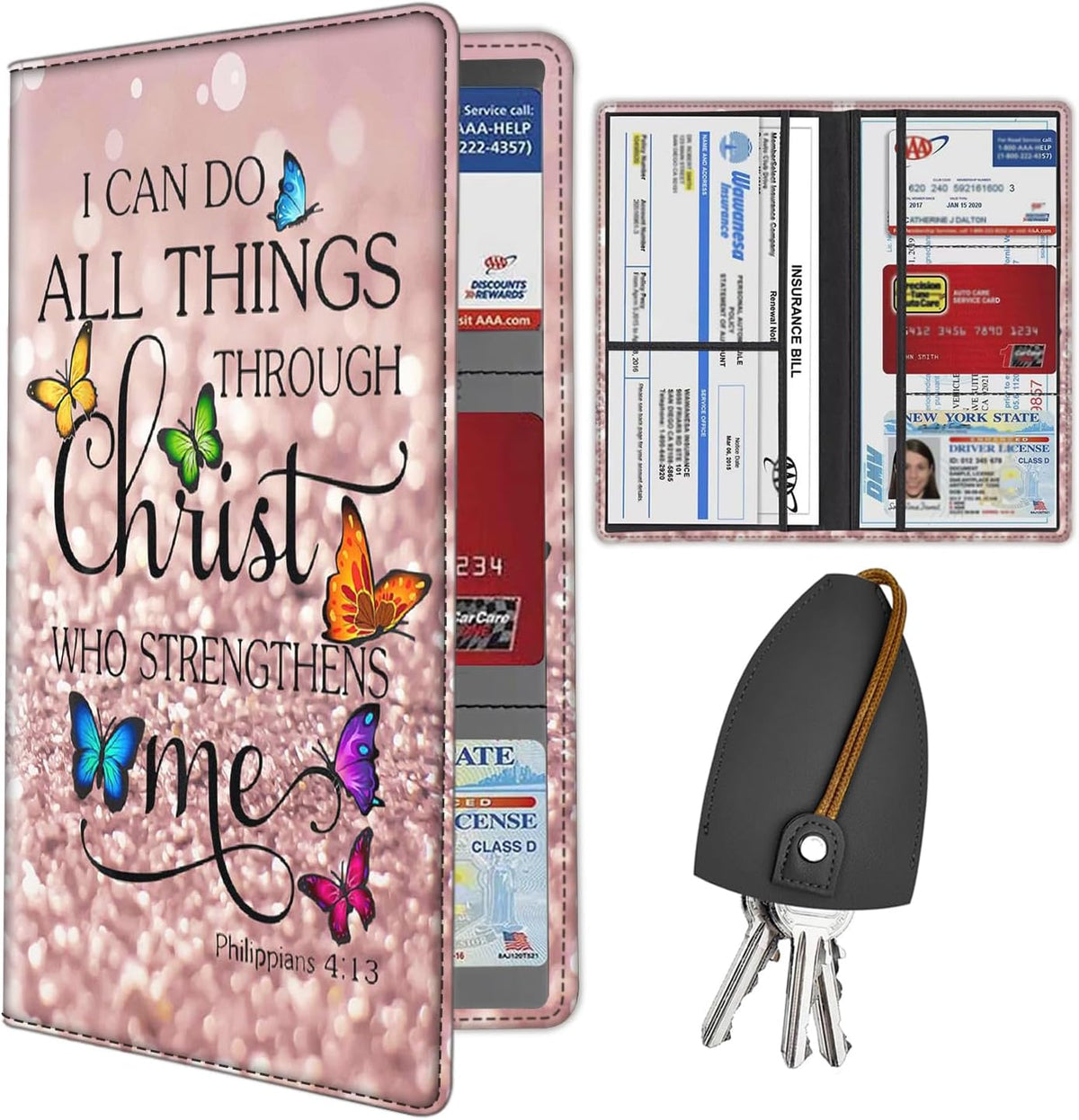 Car Document Holder with Magnetic Shut, PU Car Registration & Insurance Card Holder for Driver License, Cards & Essential Documents, Vehicle Glove Box Organizer, Christian Bible Verse Phil 4:13