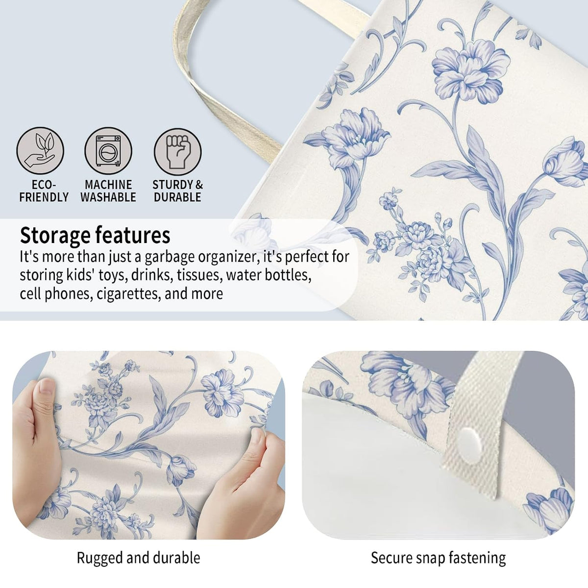 Car Trash Can, Hanging Garbage Bin for Men and Women, Cute Car Organizer and Storage Bag, Canvas Vehicle Trash Can Bag Easy-to-Install Cute Blue Floral