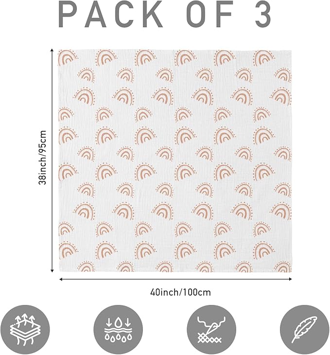 Muslin Swaddle Blankets for Newborn, 3 Pack Breathable Soft Receiving Blanket, Large 38 x 40 inches Swaddle Wrap Burping Clothes Diapers, Essentials Infant Shower Items, Toddler Gift (Rainbow & Grid)