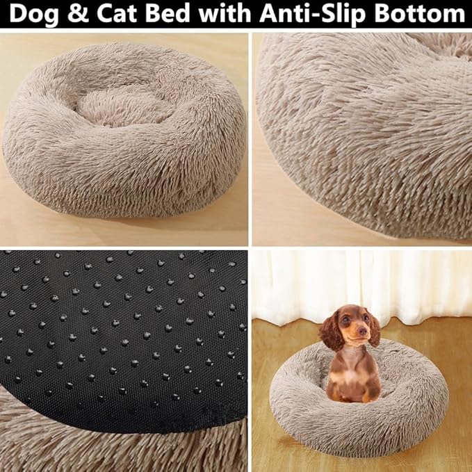 Calming Small Dog Bed & Cat Bed, 16 Inch Donut Fluffy Anti-Anxiety Round Bed Washable Cute Bed, Cuddler Warming Cozy Soft Bed, Plush Cushion Bed for Small Medium Dogs and Cats (Purple)