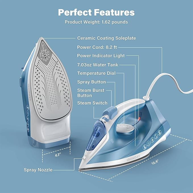 Steam Iron for Clothes Fast Heating, 1200W Iron with Non-Stick Ceramic Soleplate, Self-Cleaning, Burst of Steam, Spray Mist, 7.03oz Water Tank Ironing Clothes for Home, Blue