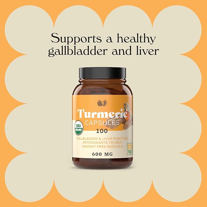 Organic Turmeric Capsules - Raw & Pure Curcumin Root Powder Supplement, 100 Capsules 600mg, Gallbladder, Liver, and Support