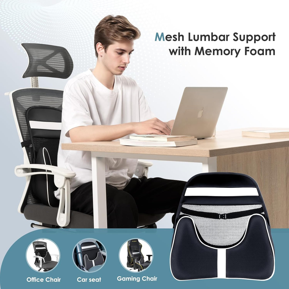 FLORICH Double Layer Breathable Mesh Lumbar Support Ergonomic Leather Lumbar Support Pillow with 3D Mesh Back Support and Adjustable Strap for CarSeat & Office Chair