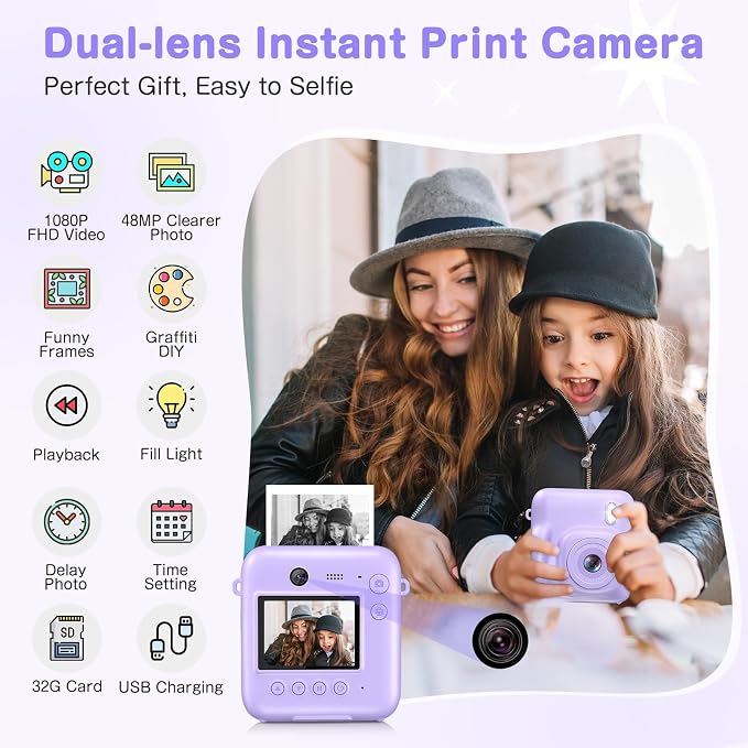 Kids Camera Instant Print, Dual-Lens 48MP Digital Camera