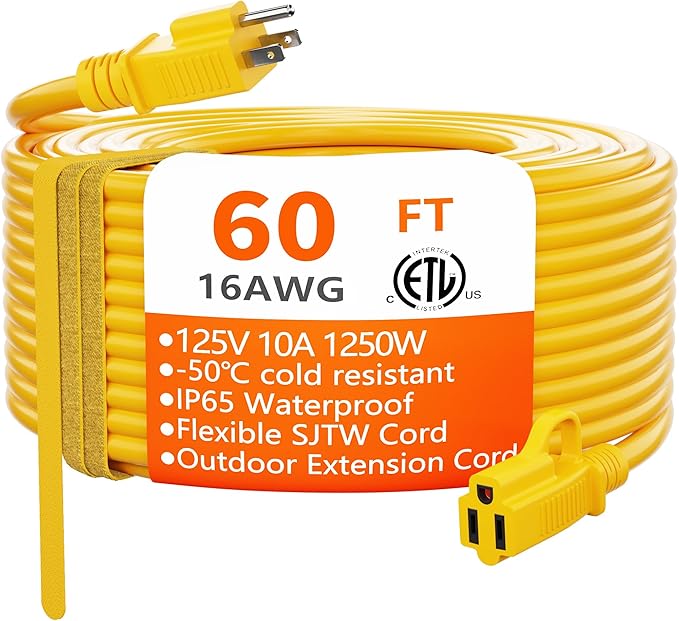 HUANCHAIN Outdoor Extension Cord 60 Foot Waterproof, 16/3 Gauge Flexible Cold-Resistant Appliance Extension Cable Outside, 10A 1250W 16AWG, 3 Prong Electric Cord Yellow, ETL