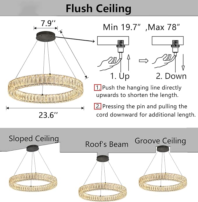 HAIXIANG Modern Crystal Chandelier Dimmable LED Ring Pendant Lights Adjustable