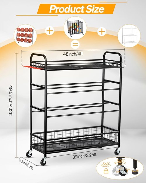 EXTCCT Garage Sports Equipment Organizer - Rolling Ball Storage Bin with Wheels | Basketball & Baseball Gear Rack