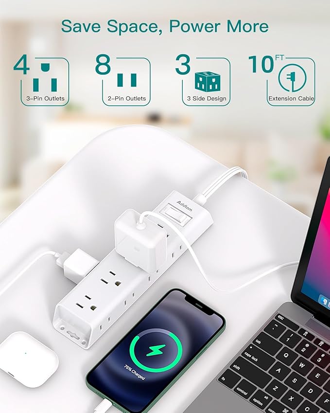 10FT Extension Cord - Power Strip Surge Protector, Flat Plug, Addtam 12 Widely Outlets 3 Sides Outlet Extender, 900J, Wall Mount, Desk Charging Station Compact for Home Office Dorm Room Essentials