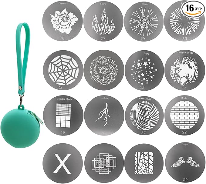 16Pcs Round Gobos Kit for Optical Snoot, 66mm/2.6in Metal Plate Patterns for
