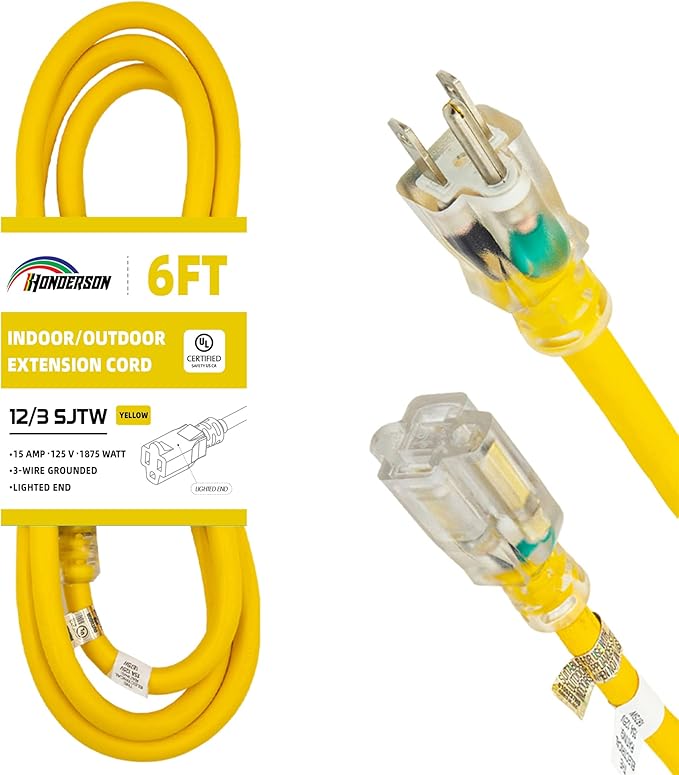 Indoor Outdoor Extension Cord Weatherproof with Lighted End, UL Listed, 12 Gauge 6FT Yellow 3 Prong Heavy Duty, 12/3 SJTW 15A Power Cord for Outdoor Lights, Lawn