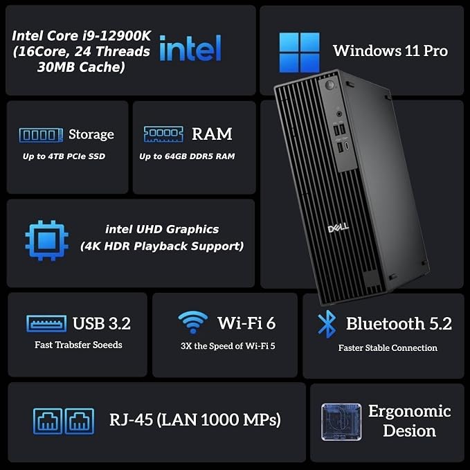 Dell 2025 Slim Business Desktop - Inte Core i9-12900K, (16Core, 24Threads) Ultra-Quiet Design, 32GB DDR5 RAM, 1TB PCIe SSD, Dual 4K Monitor Support, Wired Keyboard and Mouse, Windows 11Pro