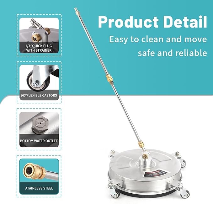 14" Pressure Washer Surface Cleaner with 4 Wheels - Stainless Steel Surface Cleaner for Pressure Washer Attachment for Concrete, Patio, Sidewalk, Deck and Driveways