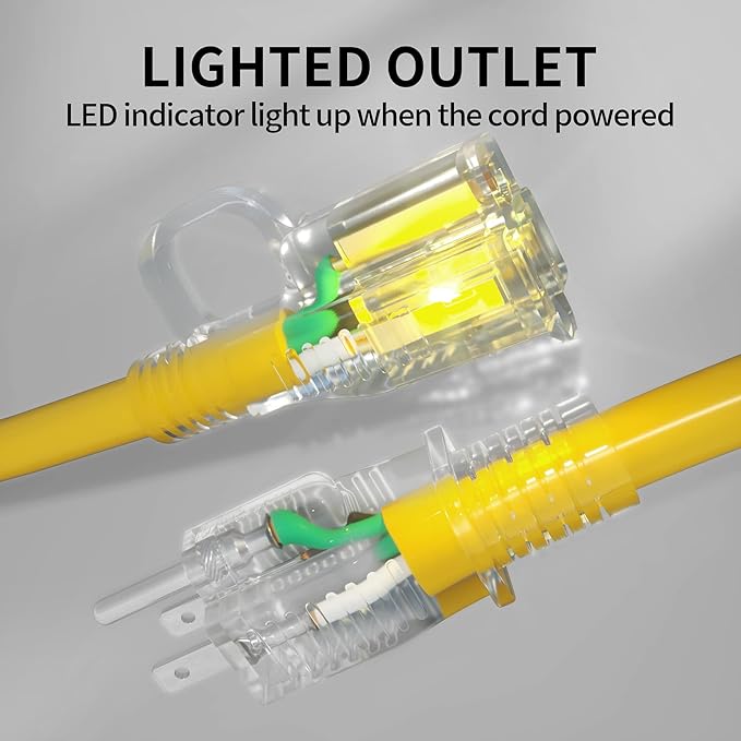 POWGRN 200 ft 12/3 Outdoor Extension Cord Waterproof Heavy Duty with Lighted End 12 Gauge 3 Prong, Flexible Cold-Resistant Long Power Cord Outside, 15Amp 1875W SJTW Yellow ETL Listed