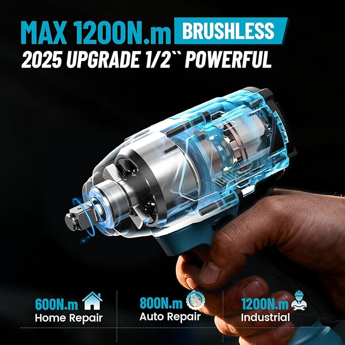 1/2 Impact Wrench 1200N.m, 1/2 Impact Gun & 2x 21V 4000mAh Batteries, Fast Charger, 4 Sockets & Storage Box, High Torque Impact Drive for Lug Nuts, Cars, Tires