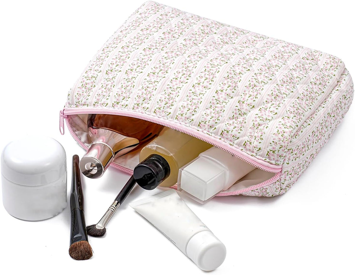 Makeup Bag Travel Cosmetic Bag for Women Girls, Zipper Make Up Pouch, Floral Flowers Toiletry Organizer Makeup, Portable Storage Cosmetic Travel Cloth Bag (2 Pack (L+S)/Pink Floral)