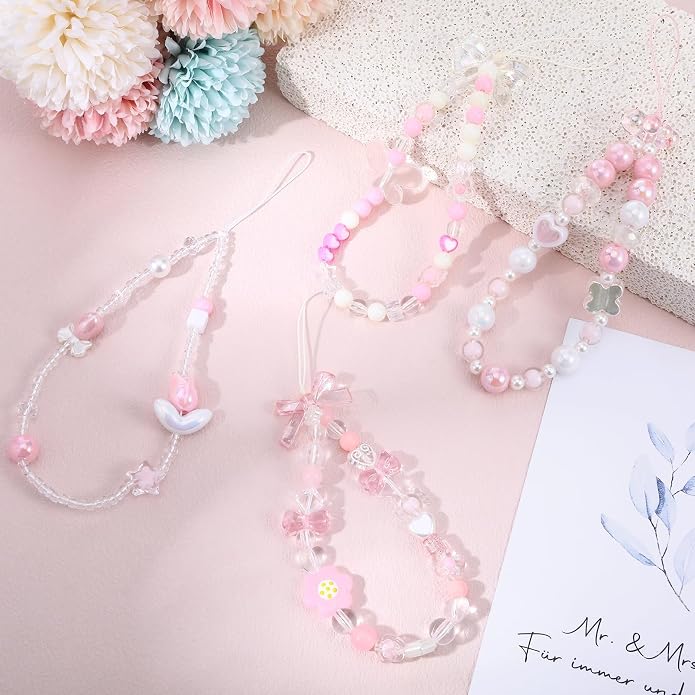 Pink Beaded Phone Wrist Straps, Y2K Phone Case Charms Camera Charm Strap