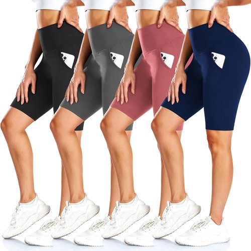 FULLSOFT Biker Shorts for Women - 4 Pack High Waisted Tummy Control with Pockets | 8" Length
