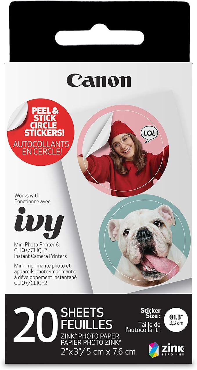 Canon Ivy Zink Pre-Cut Circle Sticker Paper 20 Sheets Pack Compatible