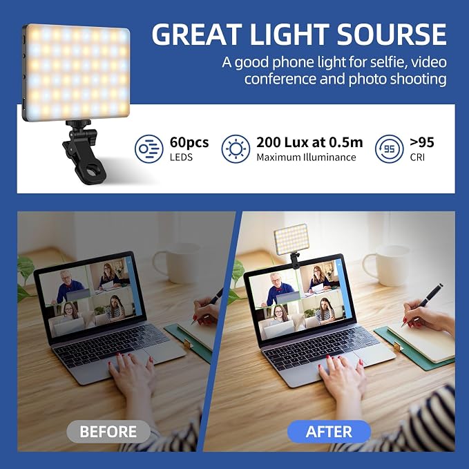 Led Selfie Light, Phone Clip, 3000mAh Rechargeable, Photo Light