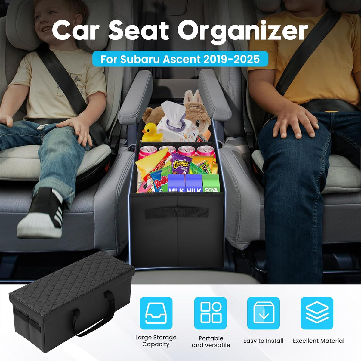 Autorder Car Seat Organizer for 2019-2025 2026 Subaru Ascent Accessories Portable Backseat Organizer with Lid Handles Multipurpose Car Floor Storage for Kids Toys Baby Products Daily Necessities
